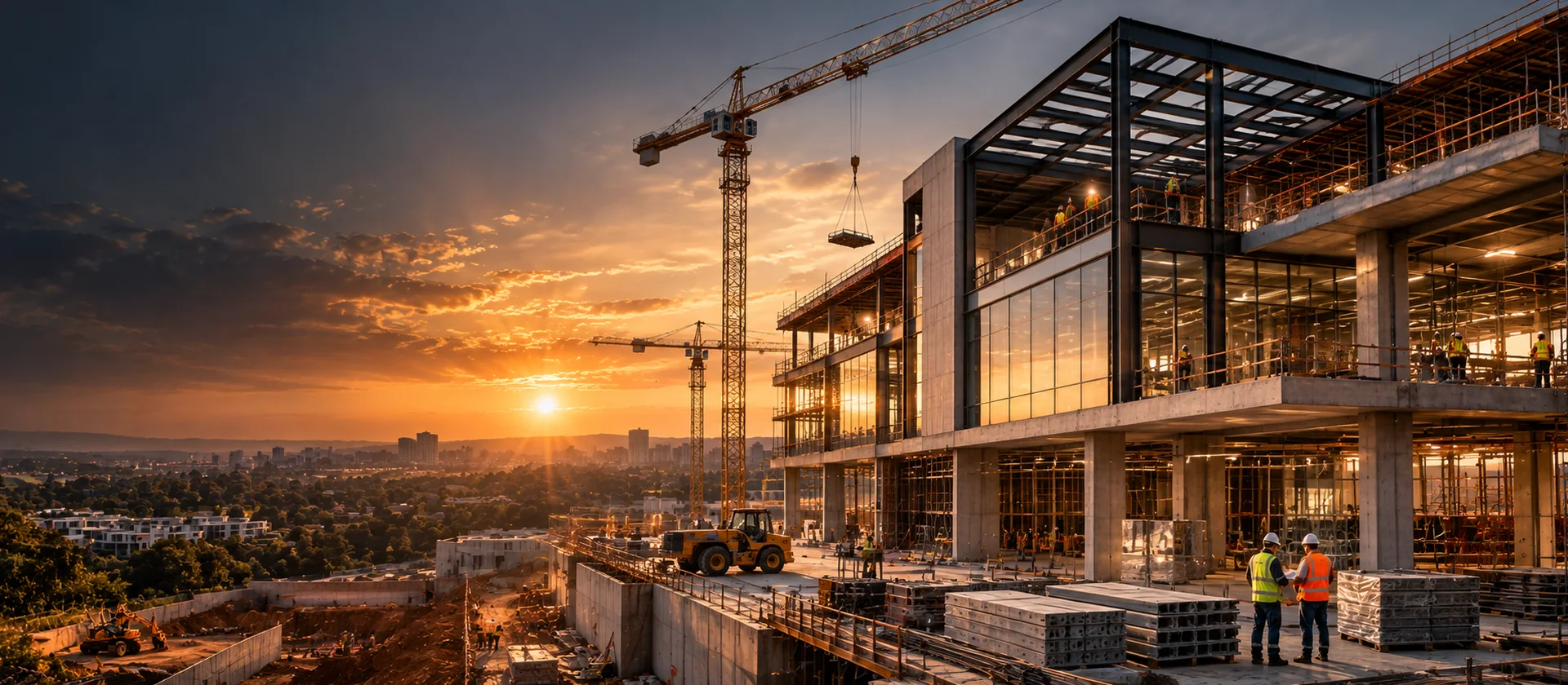 Illustrative construction scene showing a modern building under construction